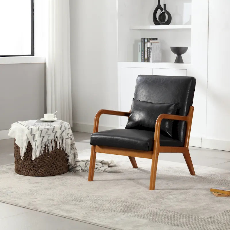 Beige Fabric Accent Armchair Teak Wood Frame Foam Cushion with Pillow