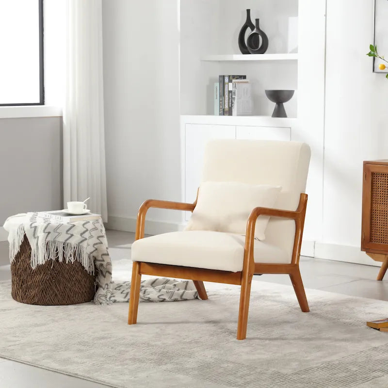 Beige Fabric Accent Armchair Teak Wood Frame Foam Cushion with Pillow