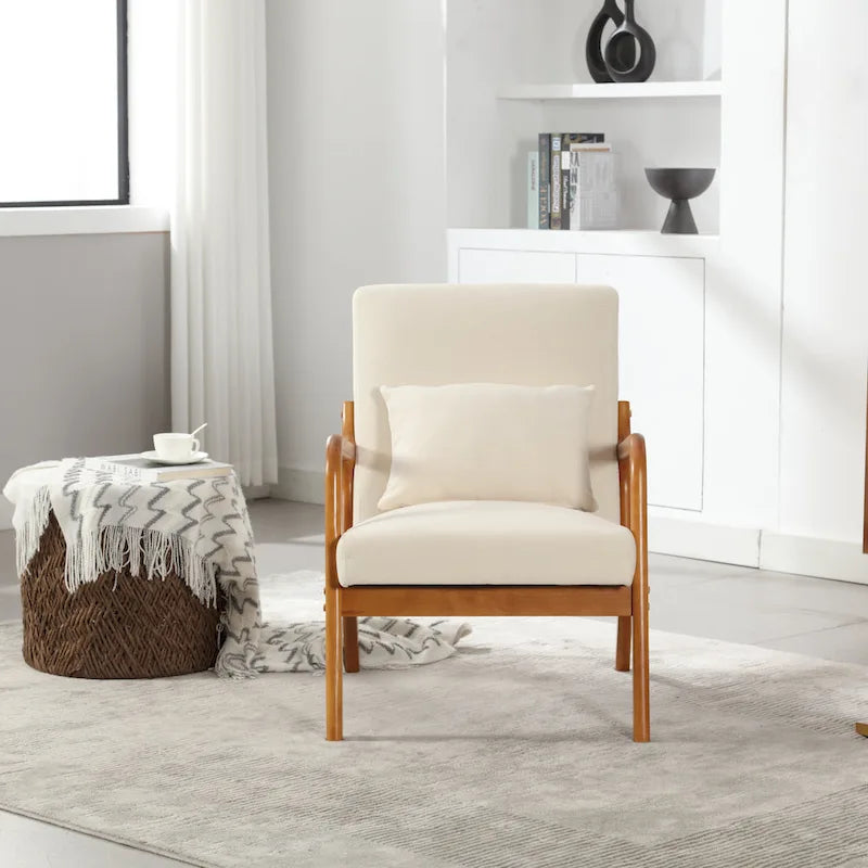 Beige Fabric Accent Armchair Teak Wood Frame Foam Cushion with Pillow