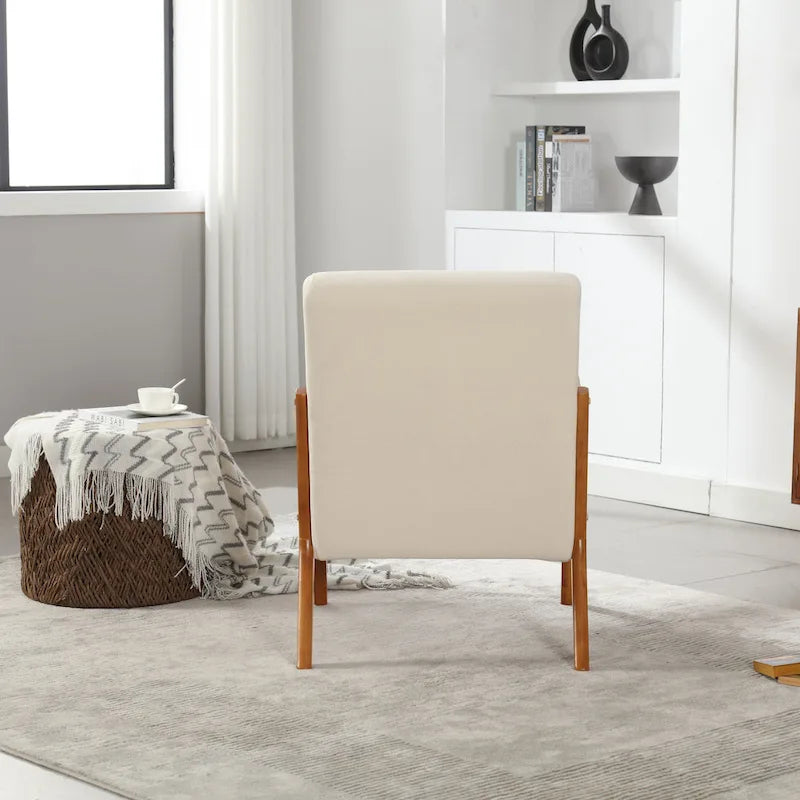 Beige Fabric Accent Armchair Teak Wood Frame Foam Cushion with Pillow