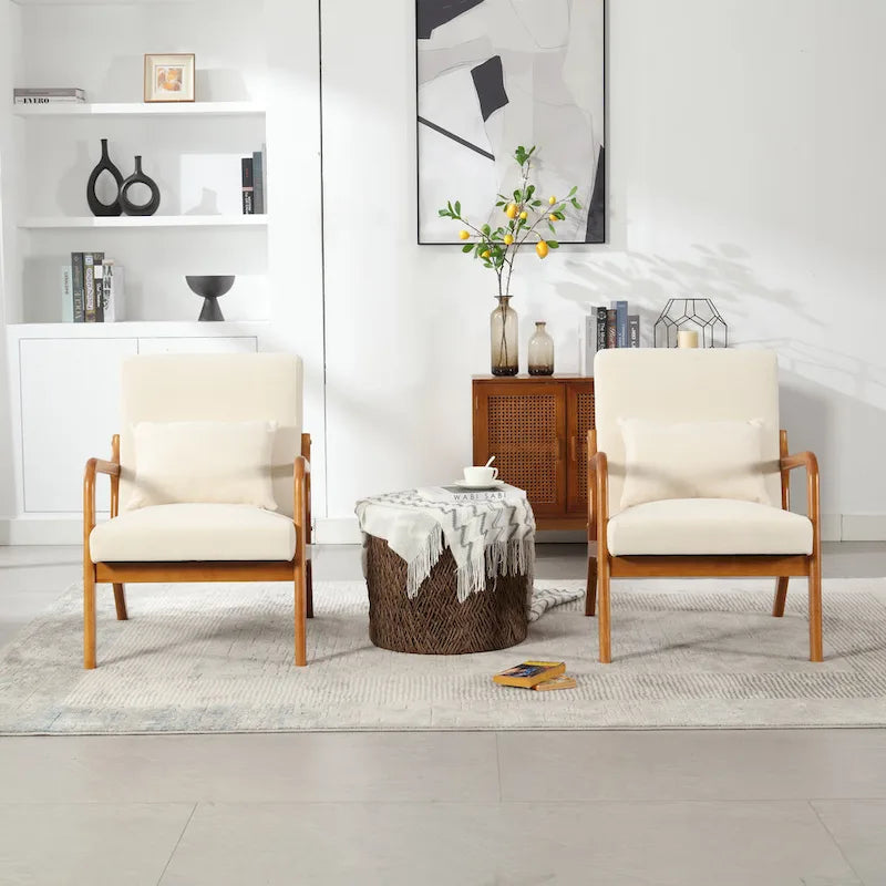 Beige Fabric Accent Armchair Teak Wood Frame Foam Cushion with Pillow