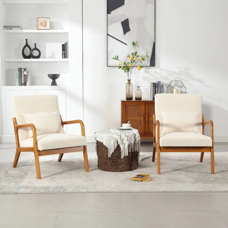 Beige Fabric Accent Armchair Teak Wood Frame Foam Cushion with Pillow