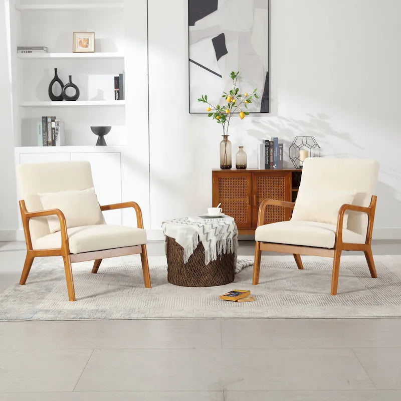 Beige Fabric Accent Armchair Teak Wood Frame Foam Cushion with Pillow