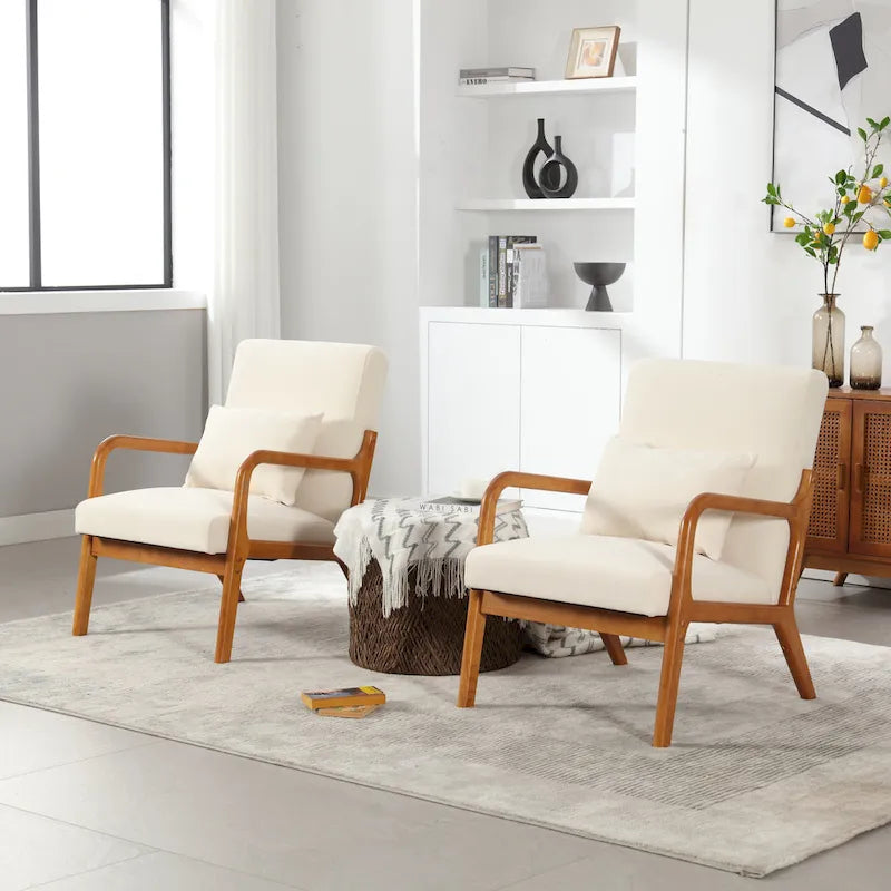 Beige Fabric Accent Armchair Teak Wood Frame Foam Cushion with Pillow
