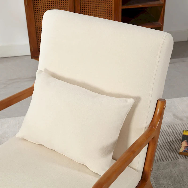 Beige Fabric Accent Armchair Teak Wood Frame Foam Cushion with Pillow