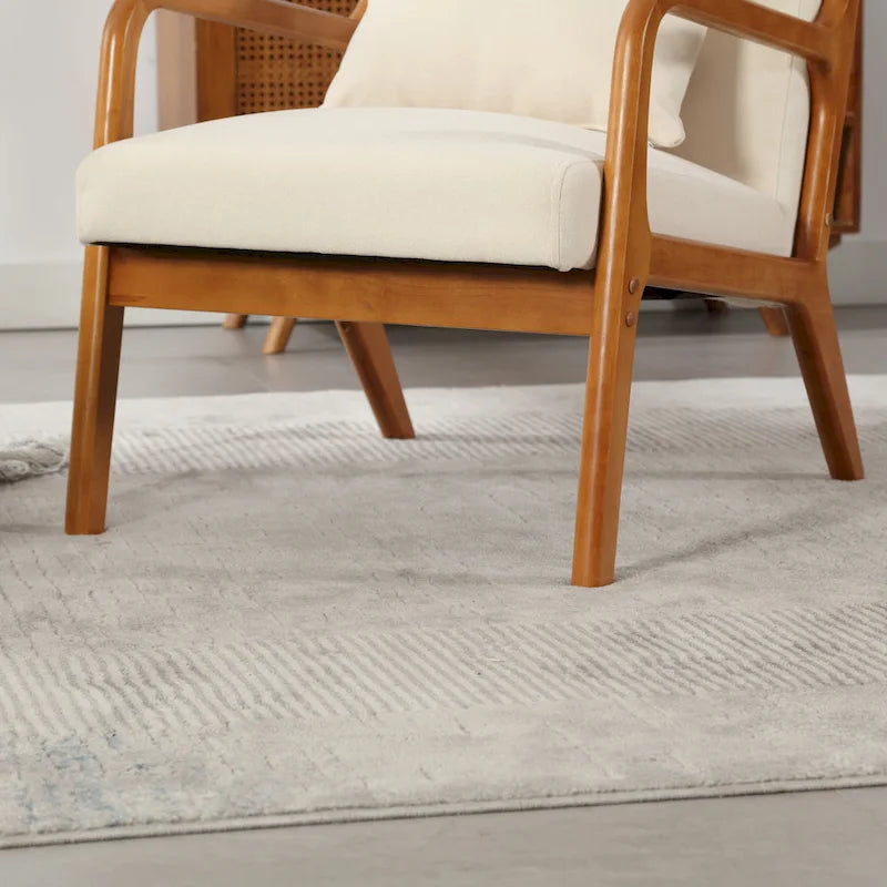 Beige Fabric Accent Armchair Teak Wood Frame Foam Cushion with Pillow
