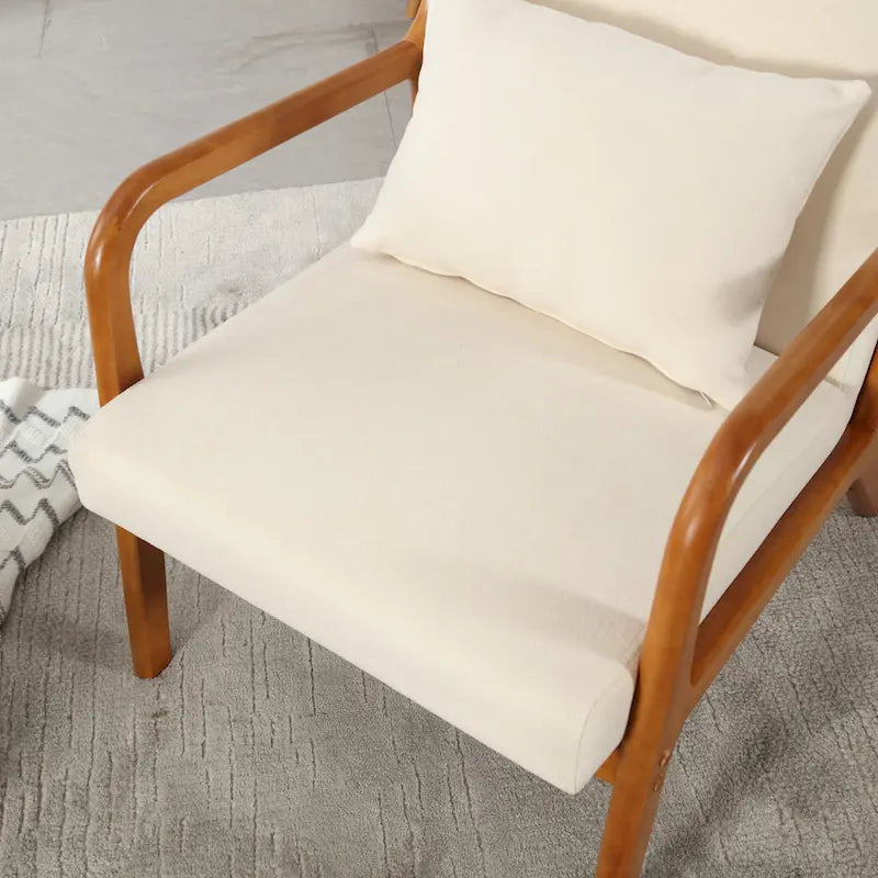 Beige Fabric Accent Armchair Teak Wood Frame Foam Cushion with Pillow