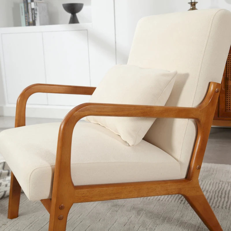 Beige Fabric Accent Armchair Teak Wood Frame Foam Cushion with Pillow