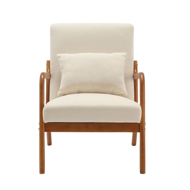 Beige Fabric Accent Armchair Teak Wood Frame Foam Cushion with Pillow