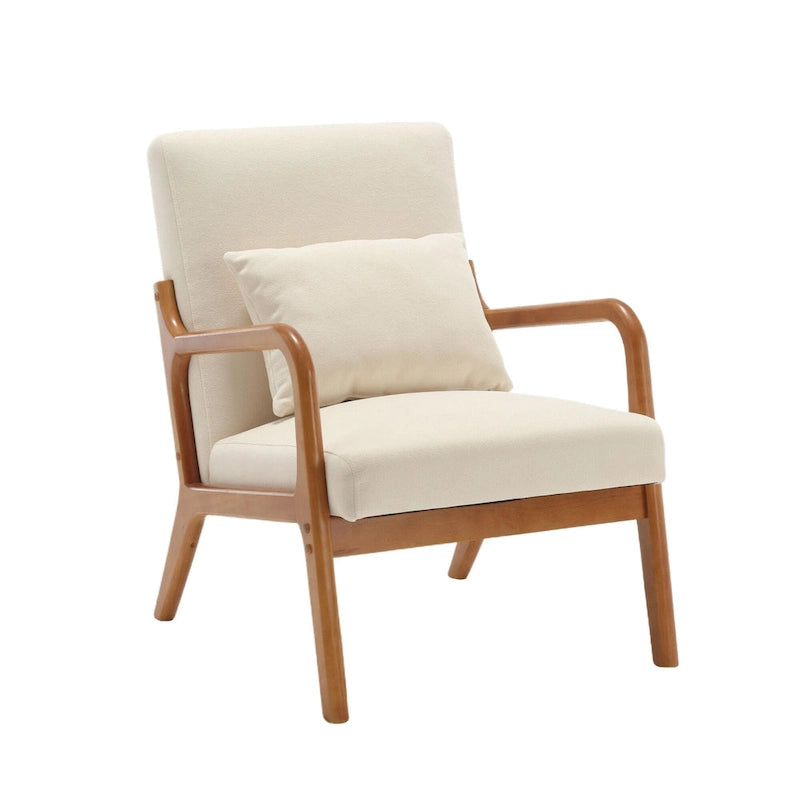 Beige Fabric Accent Armchair Teak Wood Frame Foam Cushion with Pillow