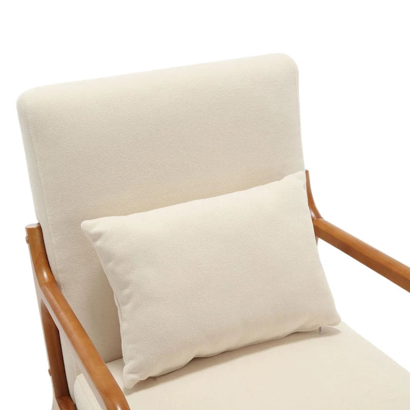 Beige Fabric Accent Armchair Teak Wood Frame Foam Cushion with Pillow