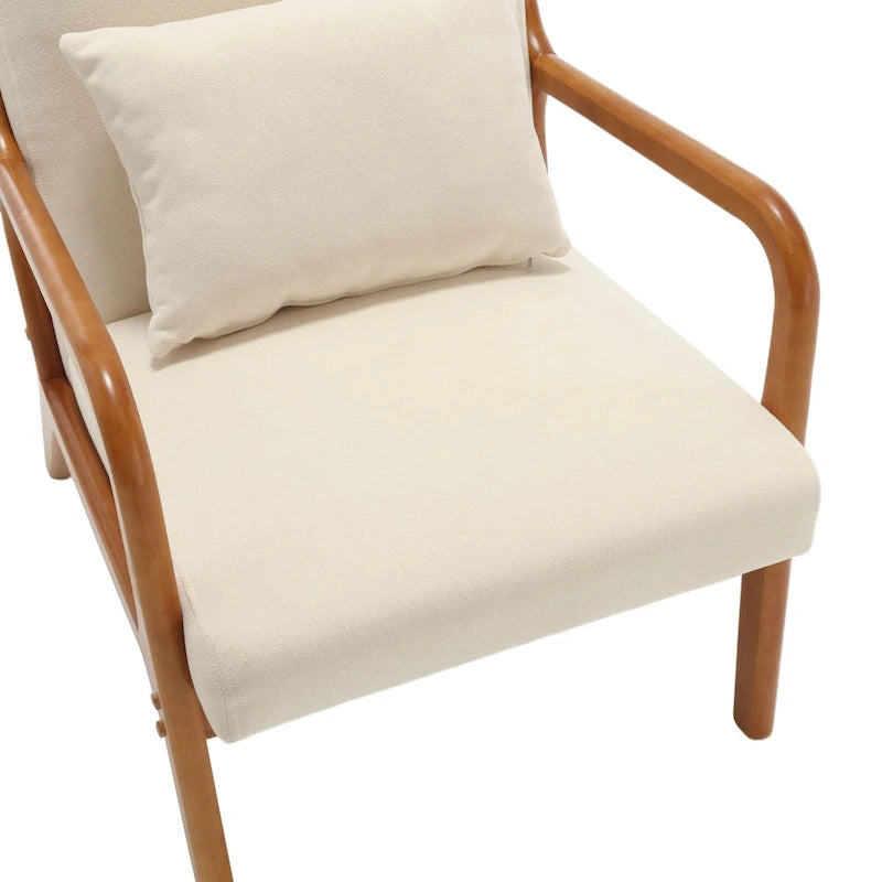 Beige Fabric Accent Armchair Teak Wood Frame Foam Cushion with Pillow