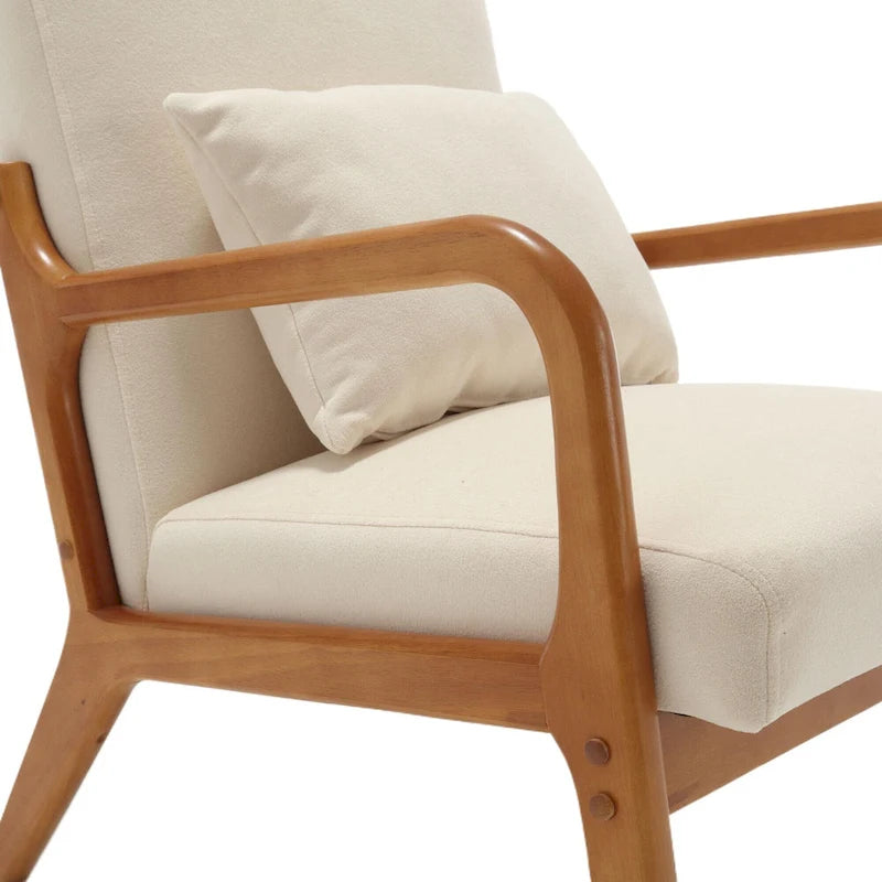 Beige Fabric Accent Armchair Teak Wood Frame Foam Cushion with Pillow