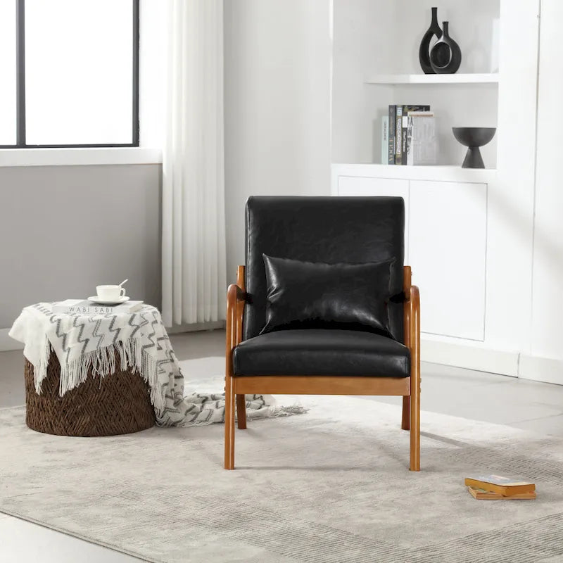 Beige Fabric Accent Armchair Teak Wood Frame Foam Cushion with Pillow