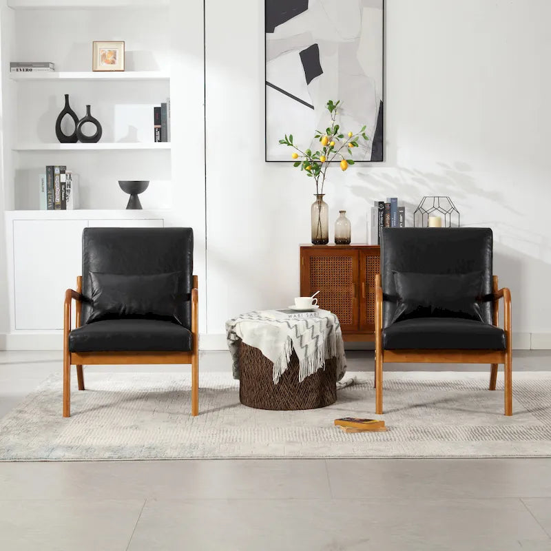 Beige Fabric Accent Armchair Teak Wood Frame Foam Cushion with Pillow