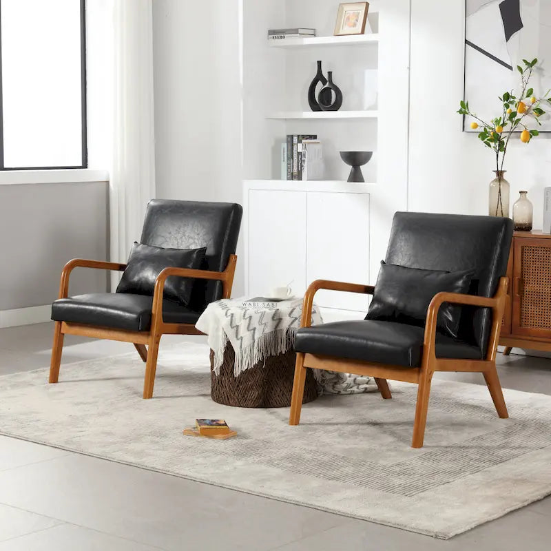 Beige Fabric Accent Armchair Teak Wood Frame Foam Cushion with Pillow