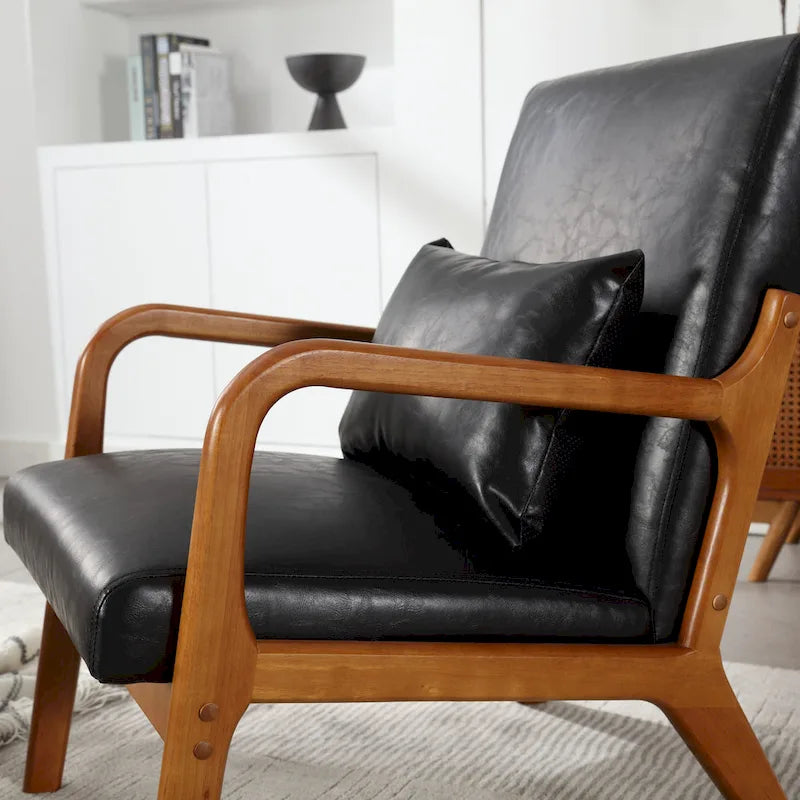 Beige Fabric Accent Armchair Teak Wood Frame Foam Cushion with Pillow