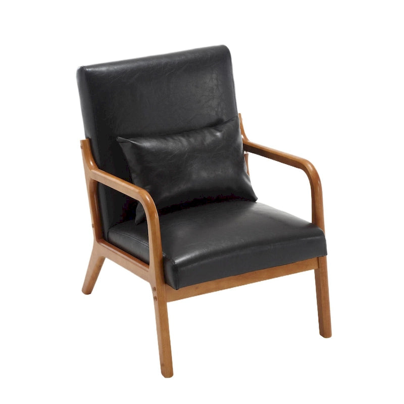 Beige Fabric Accent Armchair Teak Wood Frame Foam Cushion with Pillow