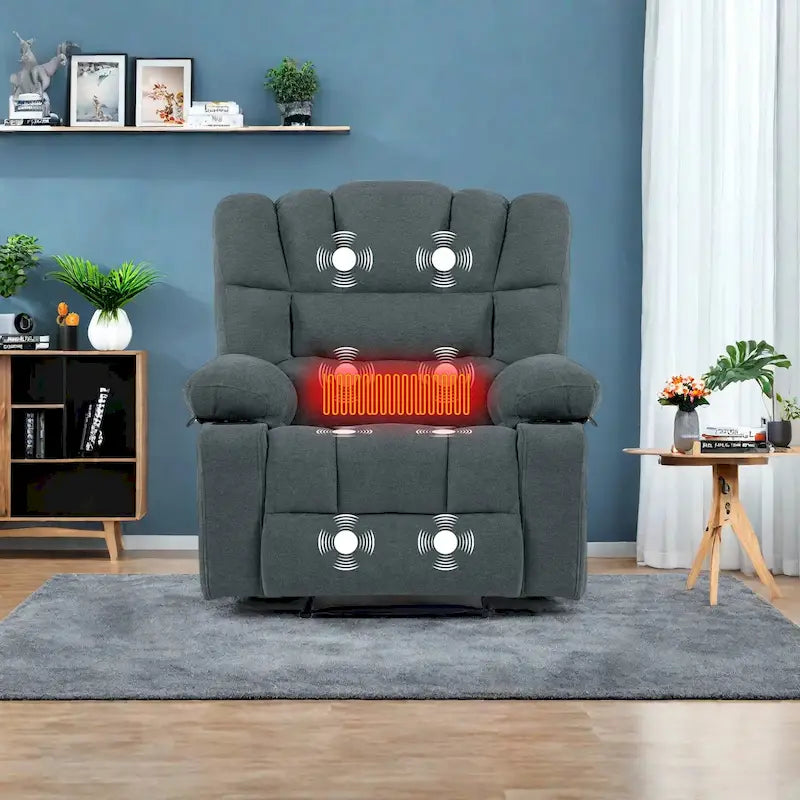 Grey Chenille Manual Recliner Chair 8-Point Massage Lumbar Heat Cup Holders