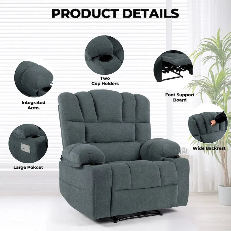 Grey Chenille Manual Recliner Chair 8-Point Massage Lumbar Heat Cup Holders