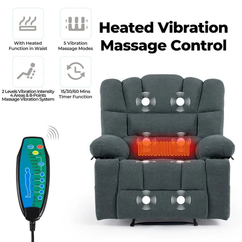 Grey Chenille Manual Recliner Chair 8-Point Massage Lumbar Heat Cup Holders