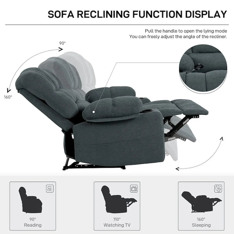 Grey Chenille Manual Recliner Chair 8-Point Massage Lumbar Heat Cup Holders