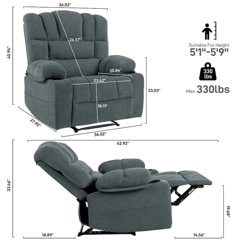 Grey Chenille Manual Recliner Chair 8-Point Massage Lumbar Heat Cup Holders