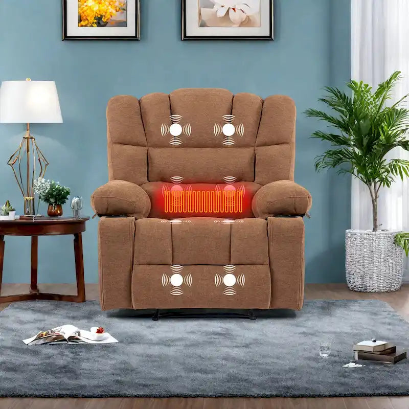 Grey Chenille Manual Recliner Chair 8-Point Massage Lumbar Heat Cup Holders
