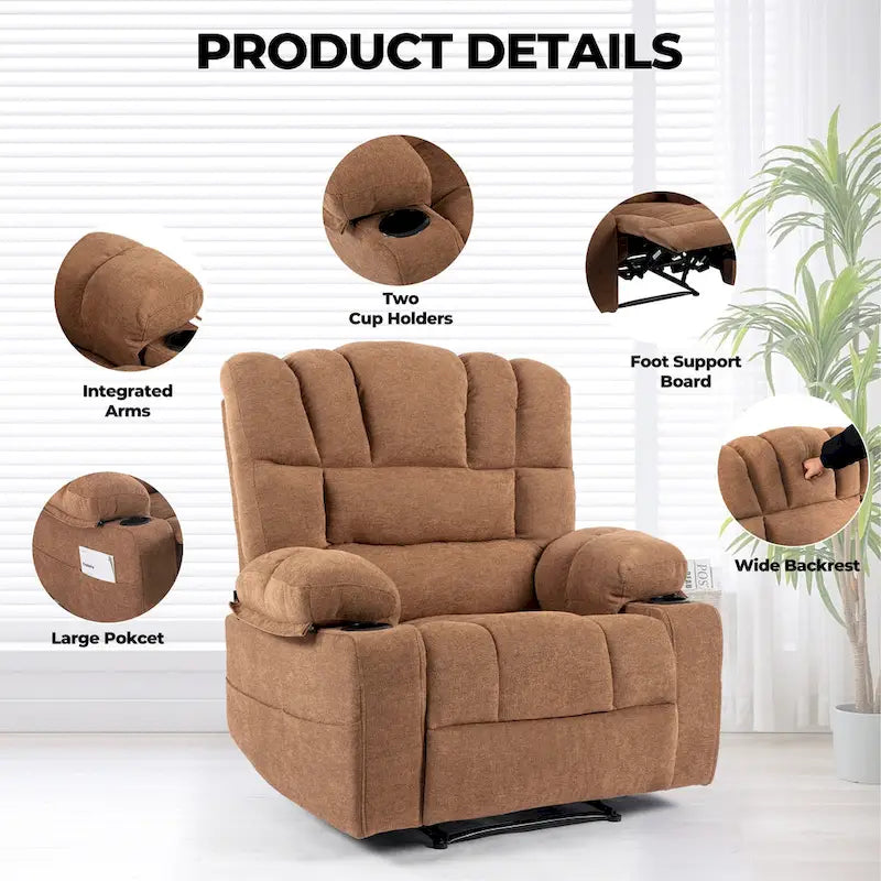 Grey Chenille Manual Recliner Chair 8-Point Massage Lumbar Heat Cup Holders
