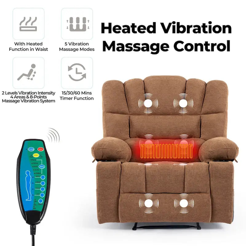 Grey Chenille Manual Recliner Chair 8-Point Massage Lumbar Heat Cup Holders