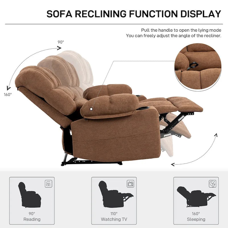Grey Chenille Manual Recliner Chair 8-Point Massage Lumbar Heat Cup Holders