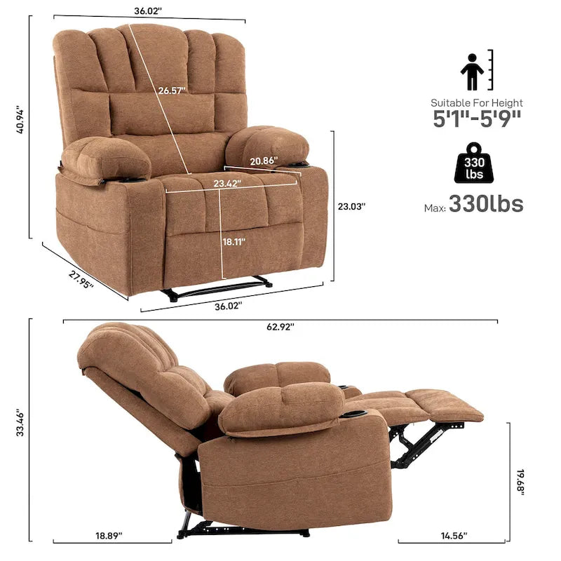 Grey Chenille Manual Recliner Chair 8-Point Massage Lumbar Heat Cup Holders