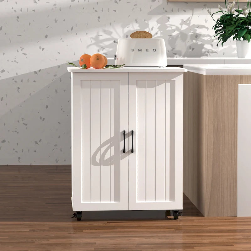 White Rolling Kitchen Island Cart 2 Door Storage Cabinet with Casters