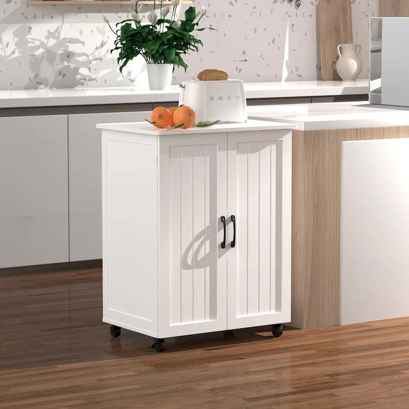 White Rolling Kitchen Island Cart 2 Door Storage Cabinet with Casters