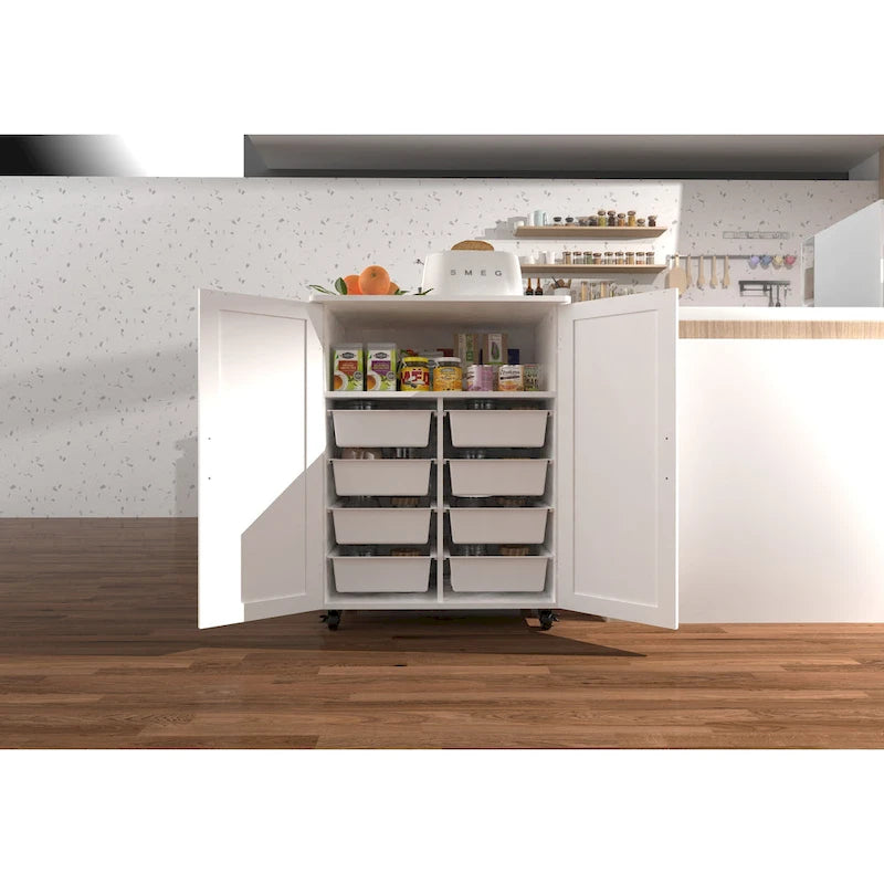White Rolling Kitchen Island Cart 2 Door Storage Cabinet with Casters