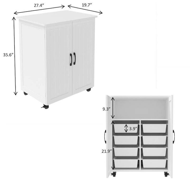 White Rolling Kitchen Island Cart 2 Door Storage Cabinet with Casters