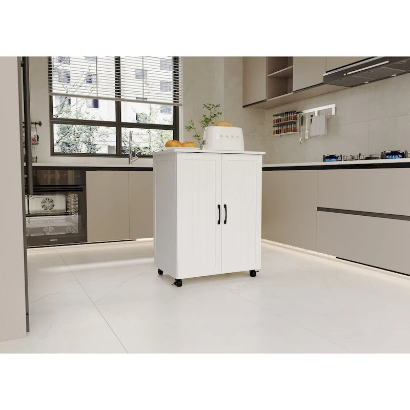 White Rolling Kitchen Island Cart 2 Door Storage Cabinet with Casters