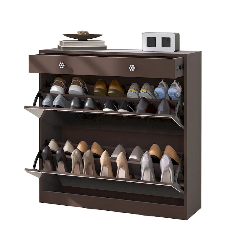 Brown Flip-Door Shoe Cabinet with Storage Drawer Mirror Organizer Entryway