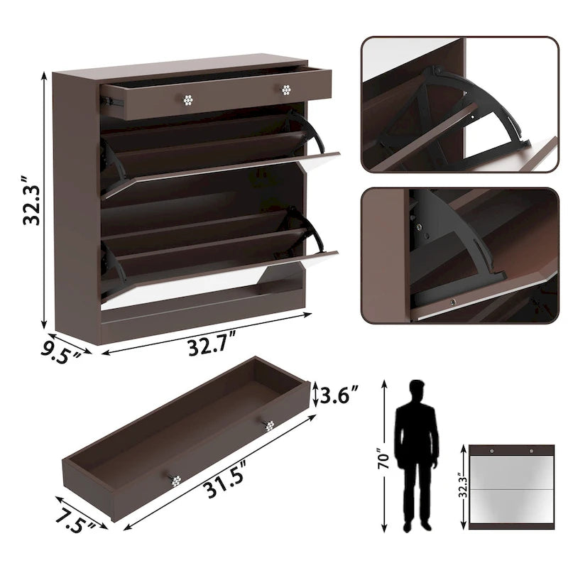 Brown Flip-Door Shoe Cabinet with Storage Drawer Mirror Organizer Entryway