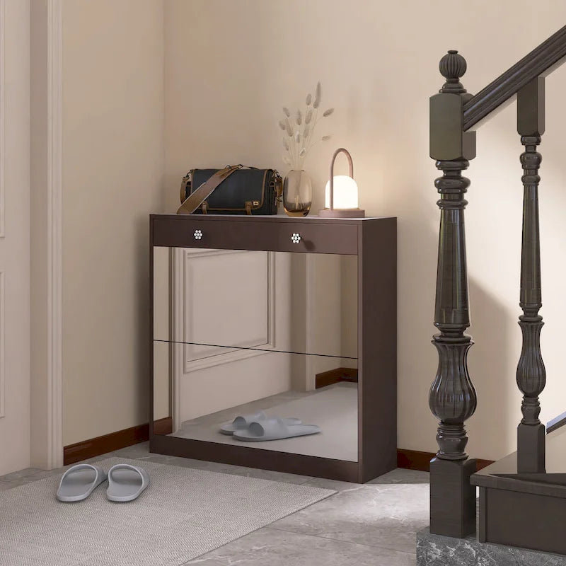 Brown Flip-Door Shoe Cabinet with Storage Drawer Mirror Organizer Entryway