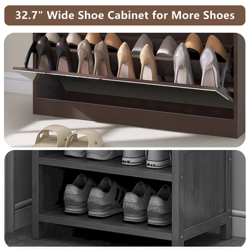 Brown Flip-Door Shoe Cabinet with Storage Drawer Mirror Organizer Entryway