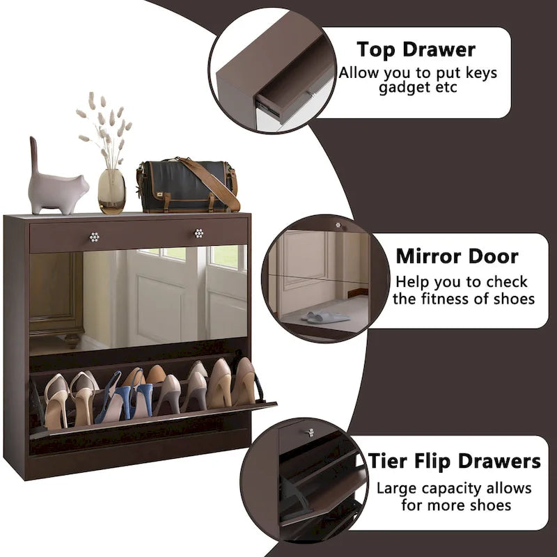 Brown Flip-Door Shoe Cabinet with Storage Drawer Mirror Organizer Entryway
