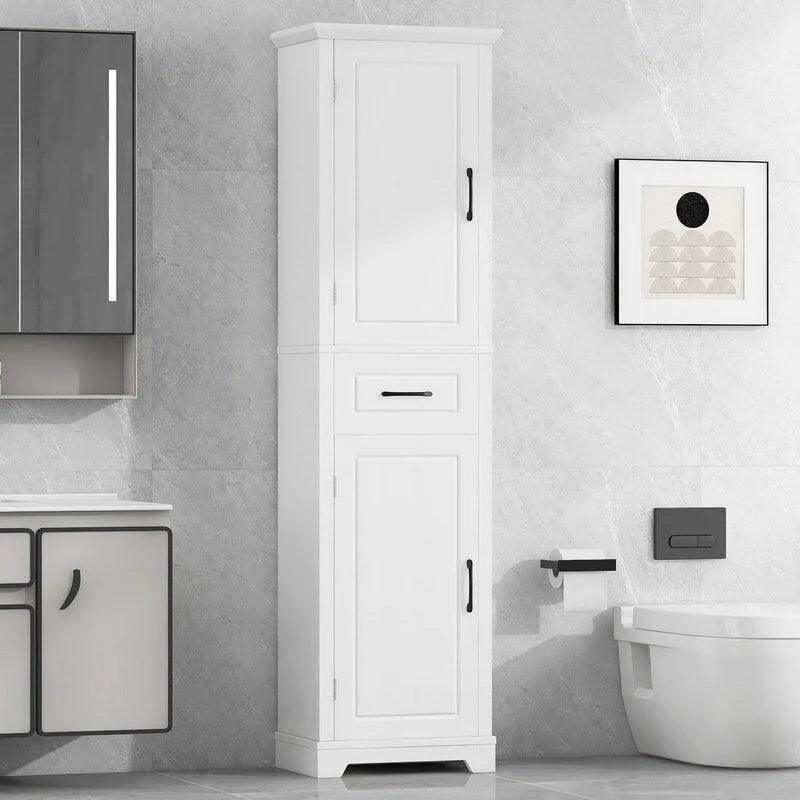 White Tall Freestanding Bathroom Cabinet 2 Doors Drawer Adjustable Shelves