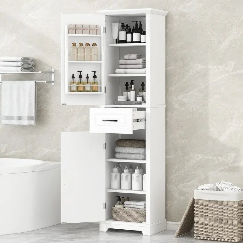 White Tall Freestanding Bathroom Cabinet 2 Doors Drawer Adjustable Shelves