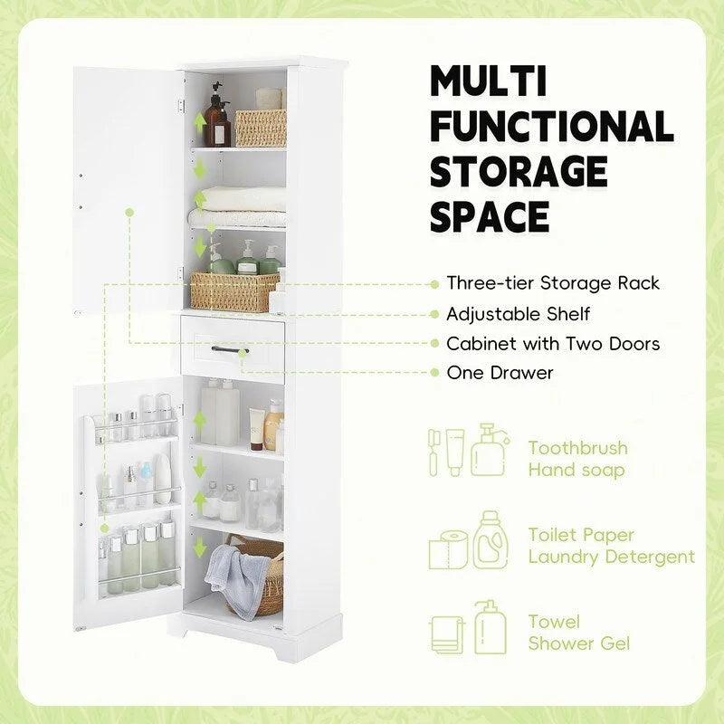 White Tall Freestanding Bathroom Cabinet 2 Doors Drawer Adjustable Shelves