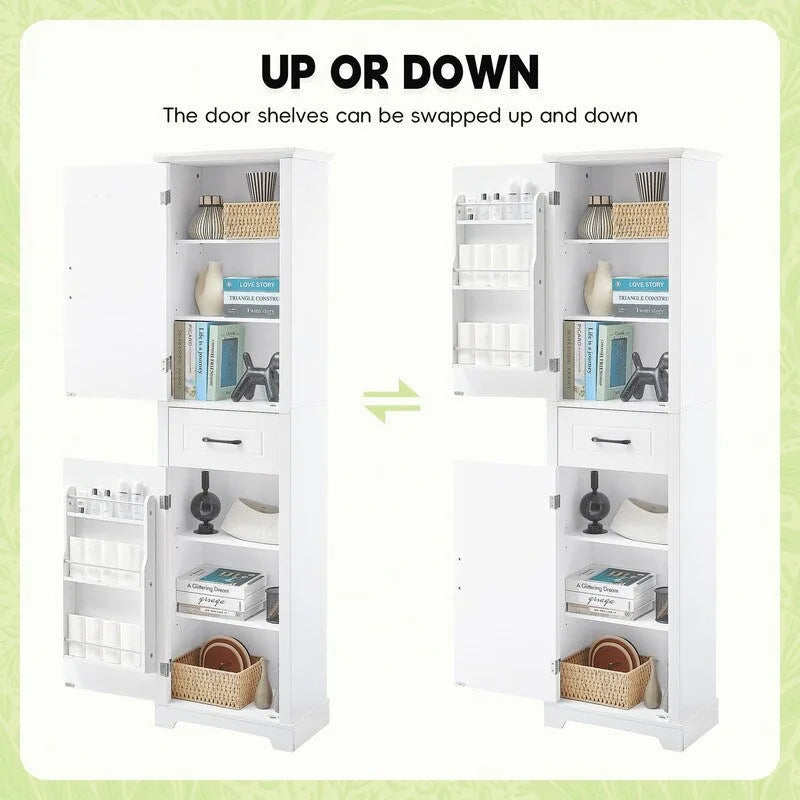 White Tall Freestanding Bathroom Cabinet 2 Doors Drawer Adjustable Shelves