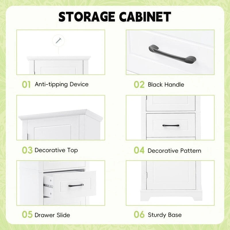 White Tall Freestanding Bathroom Cabinet 2 Doors Drawer Adjustable Shelves