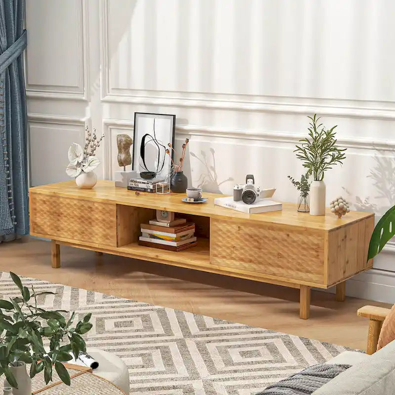 Natural Bamboo TV Stand Sliding Diamond Doors 3 Storage Compartments