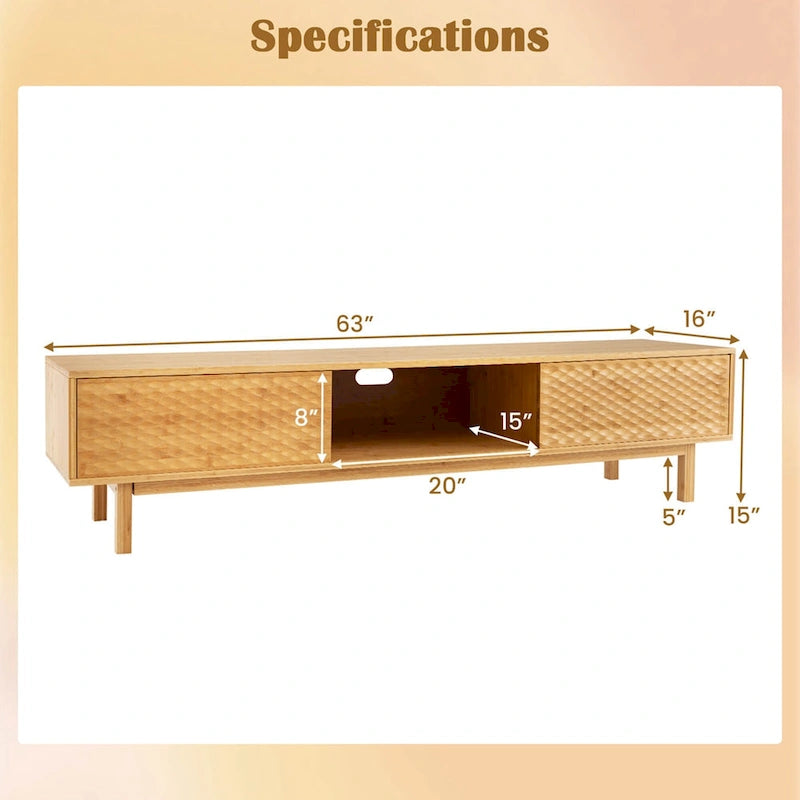 Natural Bamboo TV Stand Sliding Diamond Doors 3 Storage Compartments