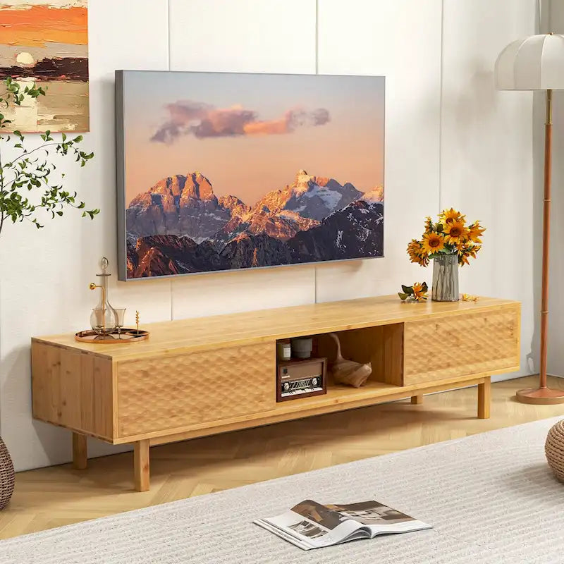 Natural Bamboo TV Stand Sliding Diamond Doors 3 Storage Compartments